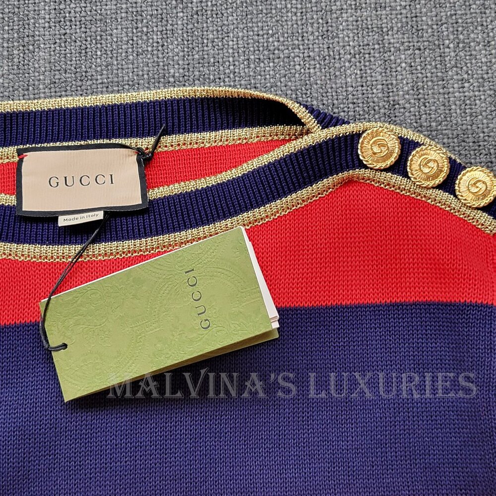GUCCI SWEATER STRIPED COTTON RED & BLUE JUMPER w LOGO BUTTONS - Picture 10 of 15